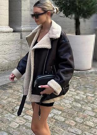 Дублянка жіноча zara авіатор чорна з екохутром s