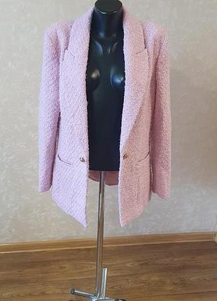 Рожевий твідовий піджак блейзер river island у стилі шанель, твидовый жакет, розмір 40 (l)