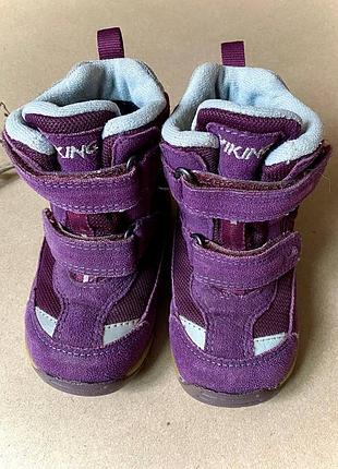 Чоботи зимові дитячі для дівчинки viking 23 розмір устілка 15 см | gore-tex замшеві на хутрі, фіолетові на липучках