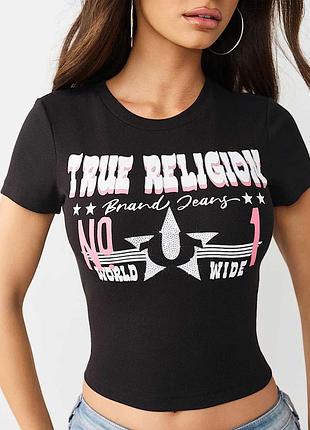 Нова чорна бавовняна еластична жіноча вкорочена футболка true religion western logo ribbed baby tee s 36 usa 🇺🇸