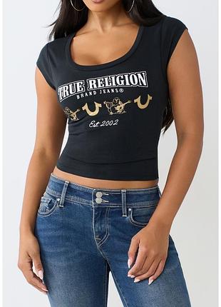 Жіноча бавовняна укорочена футболка true religion scoop neck graphic baby t-shirt чорного кольору m 38 usa 🇺🇸