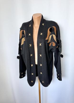 Melyna style винтаж кардиган 80е 90е черный с узором этно бохо авангард оверсайз