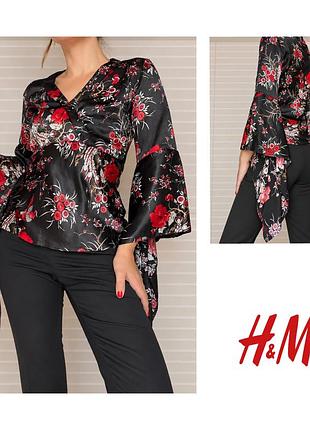 Блуза h&m из вискозы с эффектным цветочным принтом и рукавами клеш,     oriental-inspired , азиатские мотивы