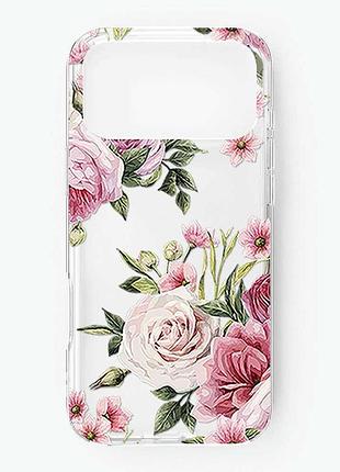 Прозрачный чехол на iphone 18 pro max розовые цветы (принт 287)