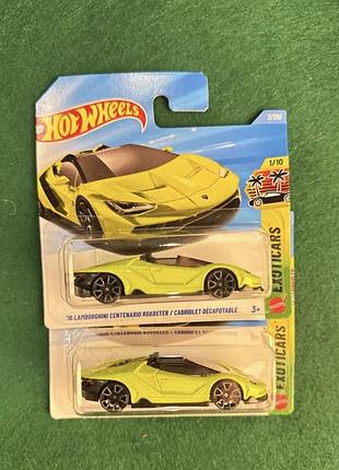 Колекційна моделька hot wheels 16 lamborghini centenario roadster / cabriolet décapotable, жовтий