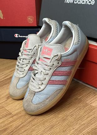 Кросівки жіночі adidas samba og j блакитний/рожевий, розмір 38, довжина устілки 24 см, матеріал шкіра