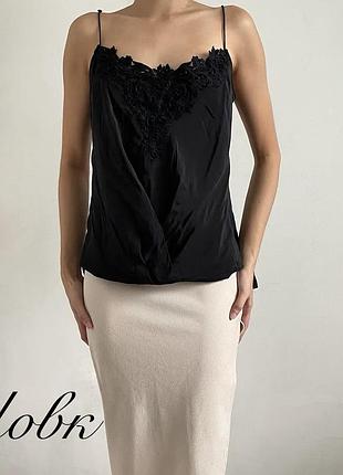 Karen millen шикарна шовкова майка шовк чорна з мереживом натуральна жіноча брендова y2k ніжна з вирізом декольте сексуальна топ блуза