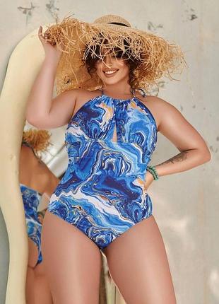 Суцільний синій купальний plus size з чашками та утяжкою