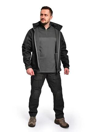 Тактический костюм демисезонный для военных softshell / флис windshell tactical + брюки с наколенниками черный