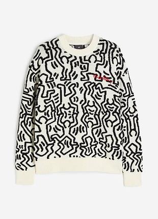 Джемпер бавовняний в'язаний для чоловіка h&m keith haring 1136201-001 m чорно-білий