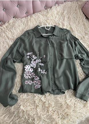 Сорочка жіноча h&m зелена з вишивкою, розмір 44/46