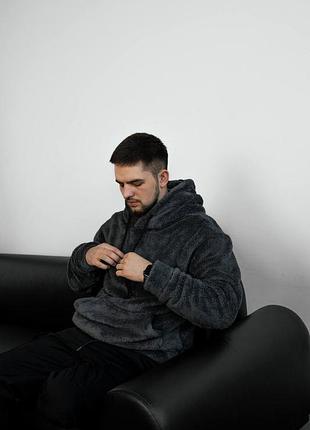 Мужское зимнее плюшевое худи с капюшоном серое толстовка тедди утепленная m (b)