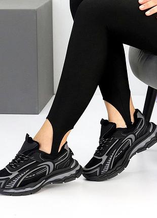 Трендовые женские черные кроссовки демисезонные деми на флисе эко-кожа замша весна осень