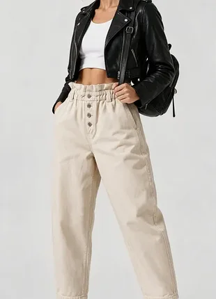 Джинсы бежевые высокая посадка 🤍 paperbag 100% хлопок 🏷️ zara z1975 baggy paperbag ⚡ слоучи мом баллоны