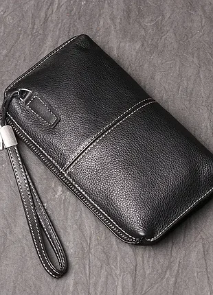 Мужской кожаный клатч-кошелек черный | портмоне из натуральной кожи на молнии
