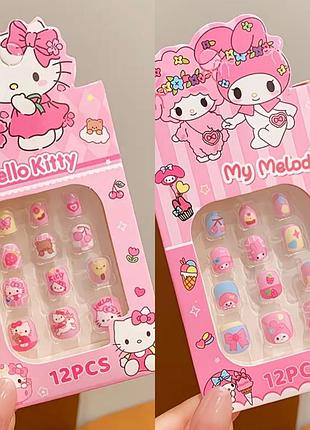 Накладні нігті дитячі hello kitty та my melody, м'який квадрат