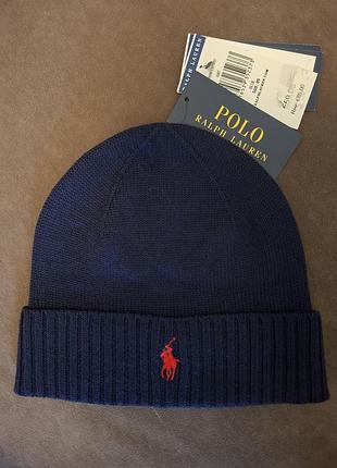 Шапка чоловіча polo ralph lauren синя one size мериносова шерсть