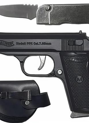Запальничка пістолет walther ppk турбо газова металева з ножем 12,5 х 9 см
