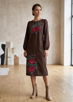 Сукня/плаття/платье  з вишивкою розмір l/xl, коричнева
