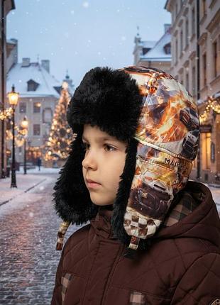Шапка вушанка для хлопчика, з плащової тканини,з штучним хутром, на зиму.