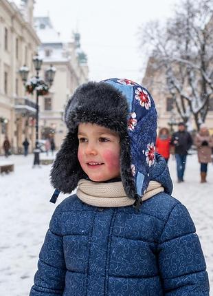 Шапка вушанка для хлопчиків з плащової тканини, на штучному хутрі, на зиму.