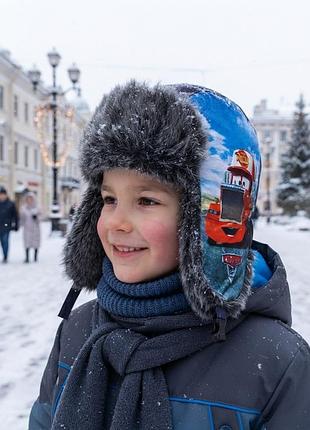 Шапка ушанка для мальчика из плащевой ткани, с искусственным мехом, на зиму.