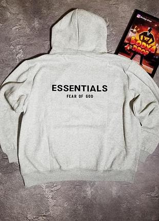 Оверсайз худи essentials с логотипом на спине / стильная кофта fog essentials серого цвета / брендовый свитшот fear of god / худи essentials с патчем