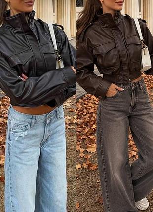 Куртка бомбер з екошкіри, курточка з накладними кишенями