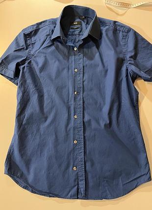 Чоловіча сорочка hugo boss slim fit синя з коротким рукавом