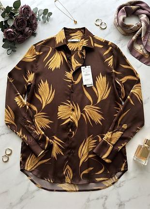 Блуза zara коричнева сатинова з принтом, розмір m, нова з біркою