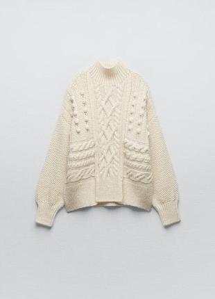 Молочний білий теплий светр zara зара з розрізами з високим горлом коміром стійкою зимовий осінній жіночий обʼємної вʼязки фактурний