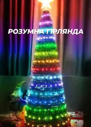 Умная новогодняя гирлянда водонепроницаемая для комнаты или улицы 10 нитей по 2 метра реагирует на звук и ритм