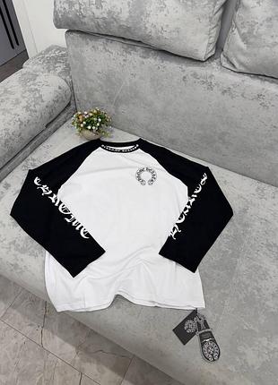 Чоловічий лонгслів chrome hearts / чорно-біла кофта chrome hearts / брендовий лонгслів chrome hearts raglan / оверсайз лонгслів chrome hearts з готичн