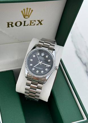 Годинник чоловічий rolex з чорним циферблатом та сріблястим браслетом