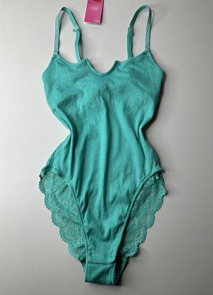 Боді котонове  в рубчик з мереживом marks&spencer - бірюзовий , рр uk 8, s