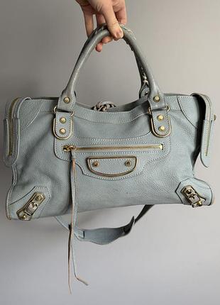 Шкіряна сука balenciaga metallic edge motorcycle city bag light blue gold hardware y2k з ремнем