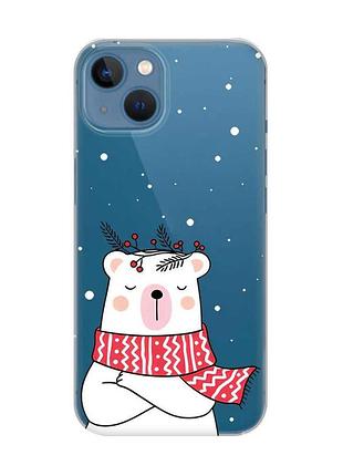 Прозрачный чехол на apple iphone 13 медведь в шарфе (принт 147)