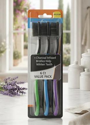 Набор из 6 зубных щеток от бренда rexall usa extra clean charcoal с угольным напылением щетины
