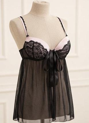 Чорний напівпрозорий пеньюар із рожевими чашками, доповнений витонченим чорним мереживом secret possessions 90a
