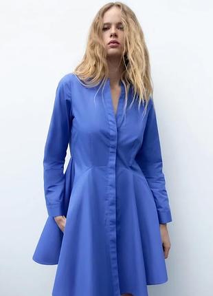 Яркое синие короткое платье-рубашка zara размер м коттон 100%