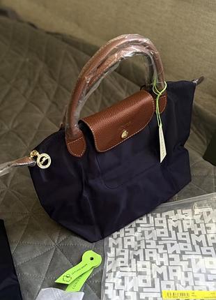 Сумка жіноча longchamp le pliage s size navy blue з натуральної шкіри та водонепроникного нейлону