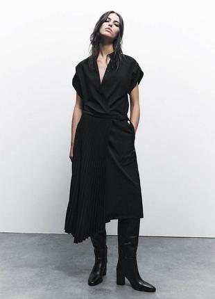 Женское черное ассиметричное миди платье zara с плиссированной юбкой на запах и поясом l черное