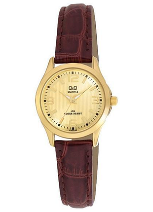 Жіночий годинник q&q c193j103y золотистий корпус коричневий ремінець люмінесцентні стрілки водозахист 30 м золотистий циферблат