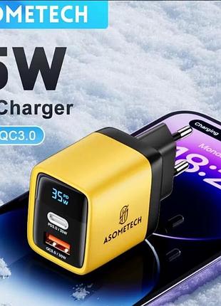 Зарядное устройство gan asometech 35w (usb-c + usb-a) ch009-h01 с led дисплеем отображения мощности (yellow)
