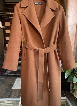 Пальто-халат zara в теракотово-карамельному кольорі.51% вовна.стан гарний.розмір xs/s/m.