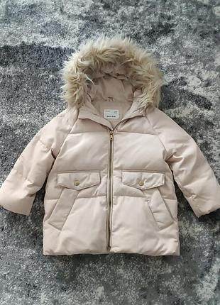 Куртка для дівчинки zara бежева, на пуху, з відстібним хутром, розмір 5 років (110 см)