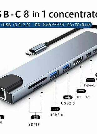 Usb c hub 8-в-1, адаптер type c 3.1 на 4k hdmi з rj45, пристрій для зчитування карт sd/tf, швидка зарядка pd для ноутбуків