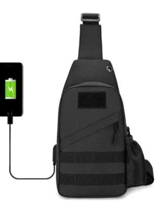 Мужская сумка слинг через плечо с usb выходом для зарядки водонепроницаема