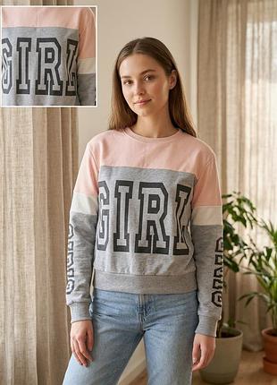 Світшот жіночий з написом girl, рожевий, сірий