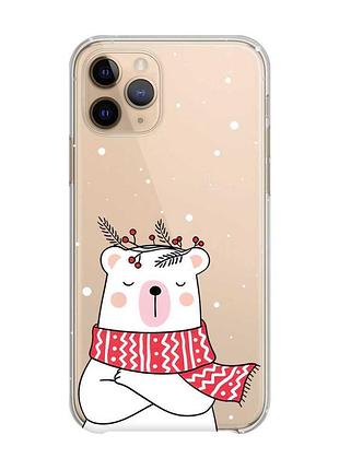Прозрачный чехол на apple iphone 11 pro медведь в шарфе (принт 147)